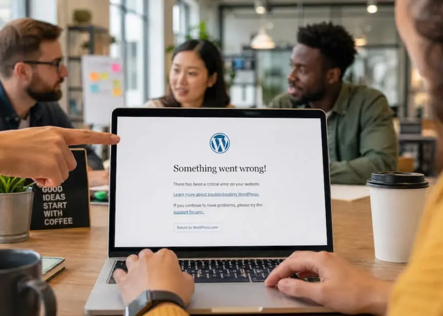 Group of coworkers gathered around a laptop displaying a WordPress error: 'Something went wrong!' on the screen.