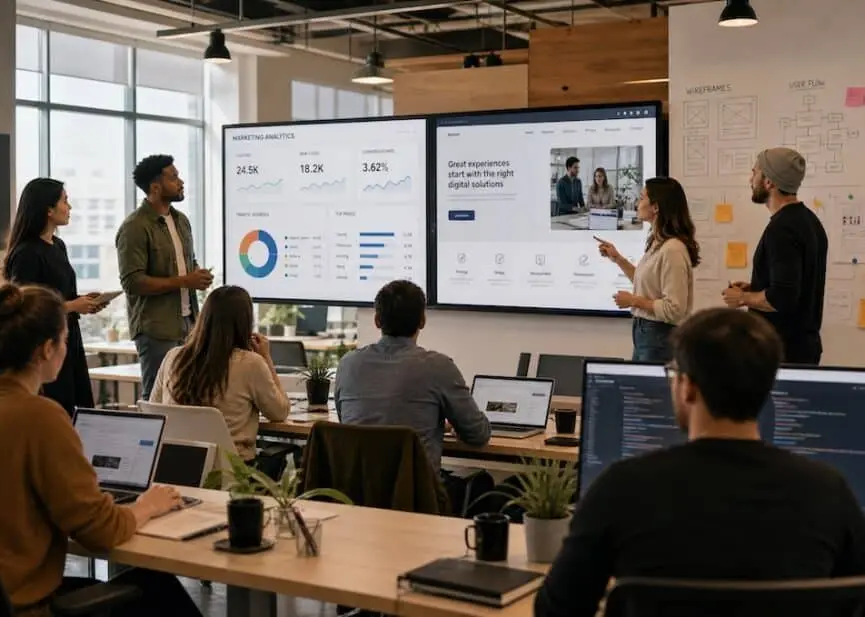 Six coworkers in a modern open-office presenting analytics on two large wall screens with charts and graphs.