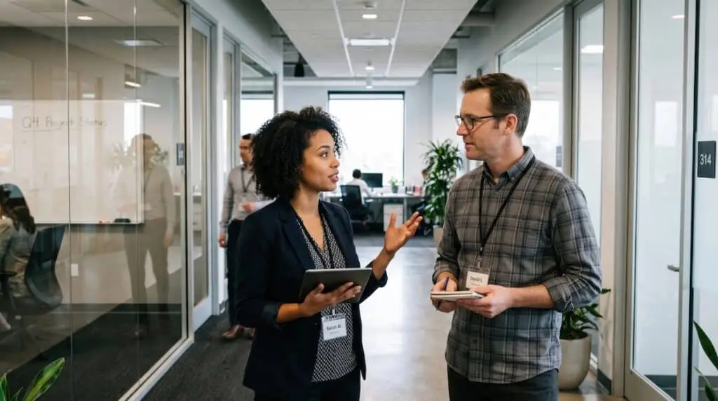 Two colleagues in a modern office hallway converse; woman holds a tablet and speaks to a man who takes notes on a notepad.",