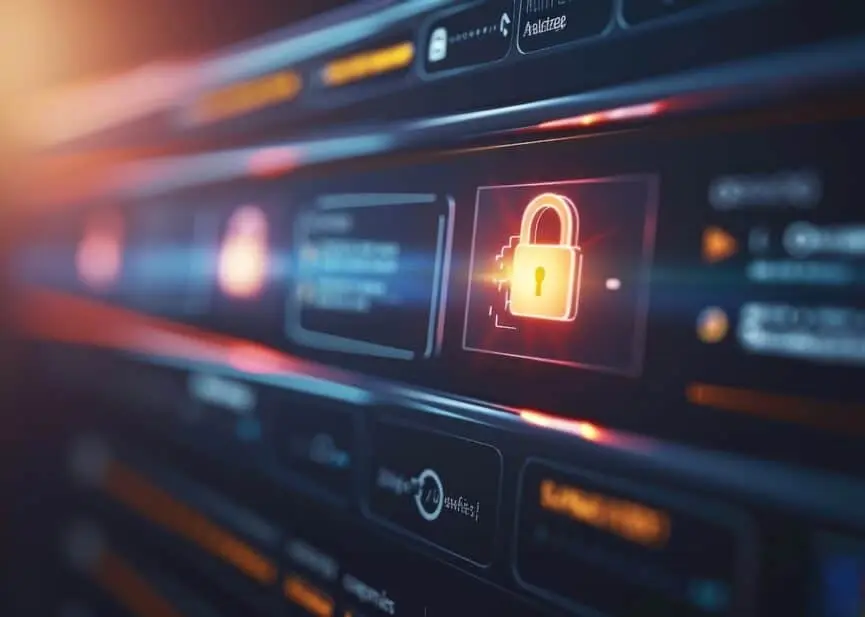 Glowing padlock icon on a server rack, representing cybersecurity and data protection.