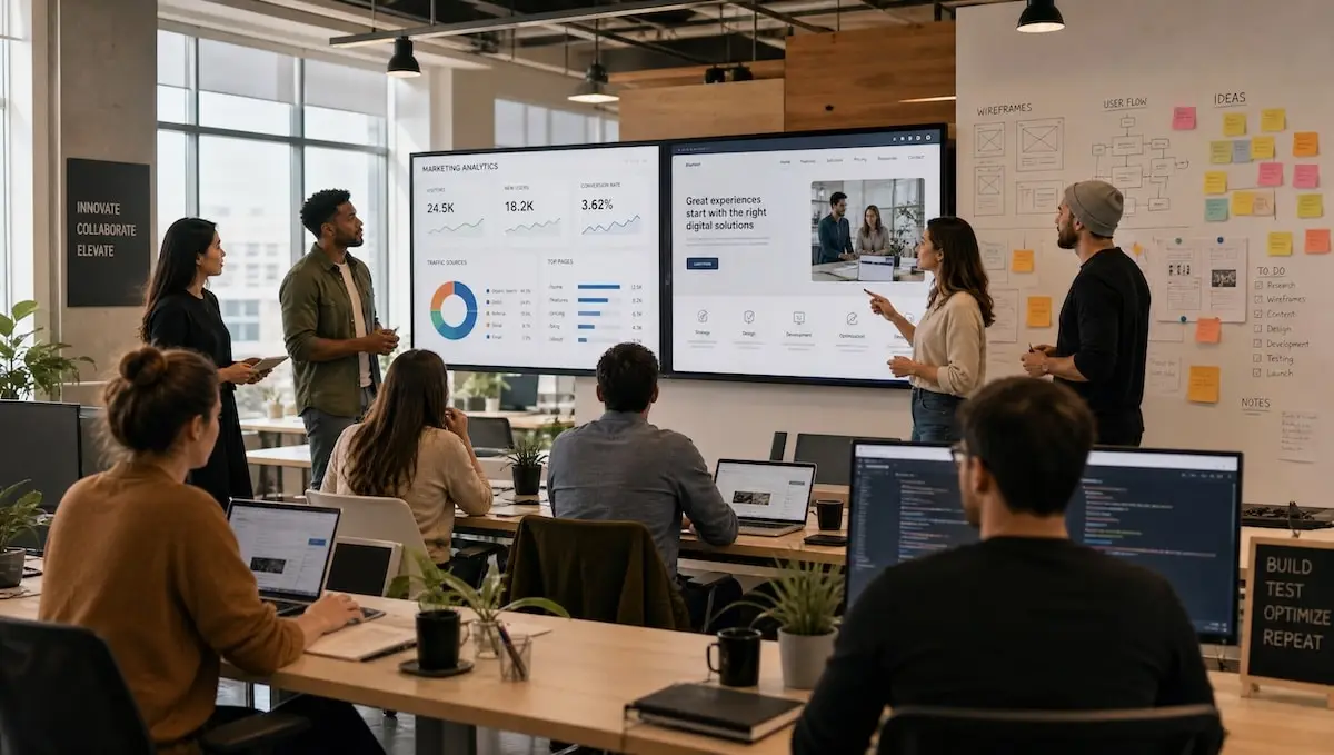 Six coworkers in a modern open-office presenting analytics on two large wall screens with charts and graphs.