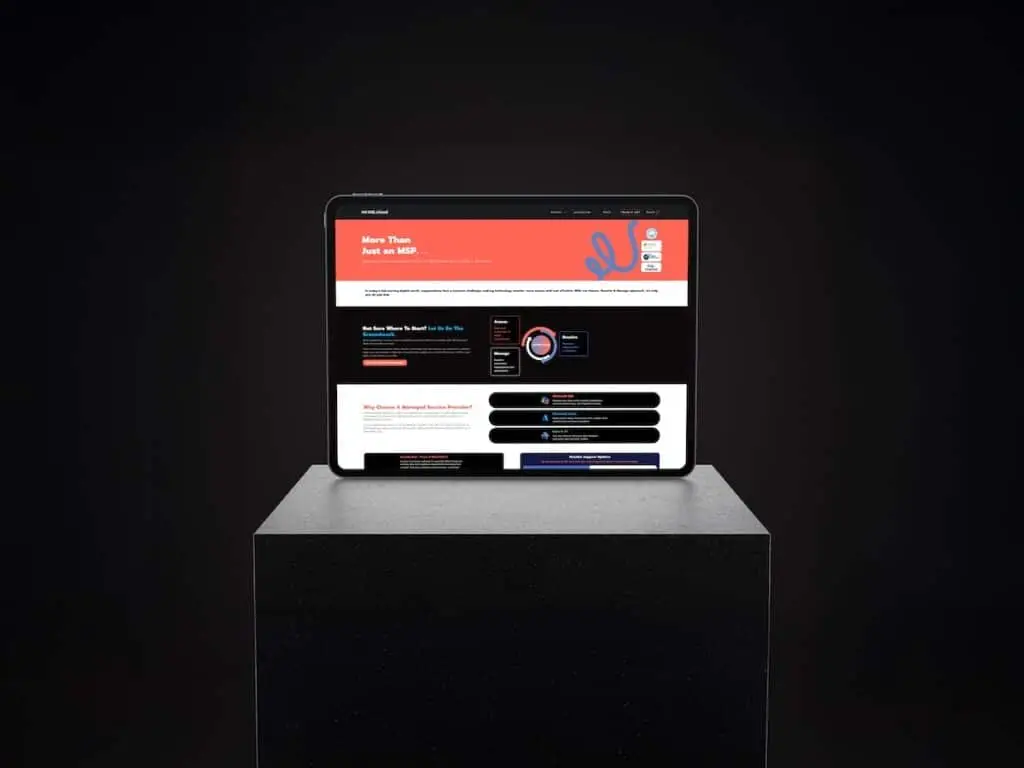 Tablet on a dark pedestal displaying a vibrant multi-section website with a red header on a black background.