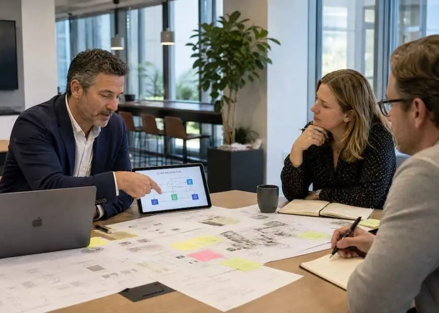 Team of three in a modern office discussing a diagram on a tablet while reviewing papers on the table.