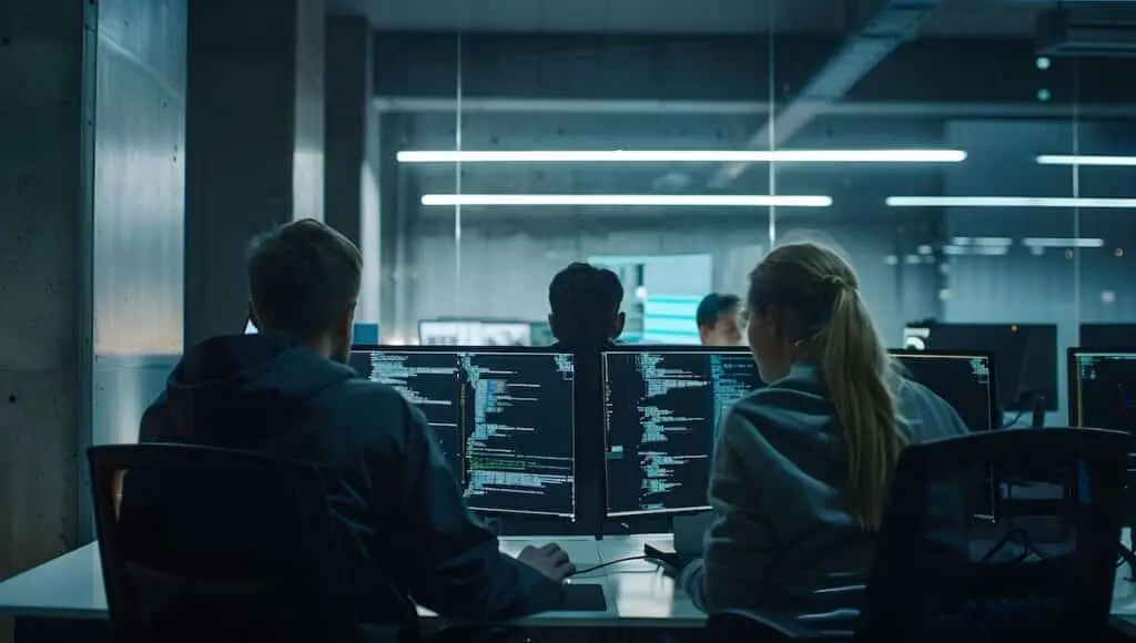 Two developers sit at a shared desk in a dim, blue-lit room, coding on multiple monitors.