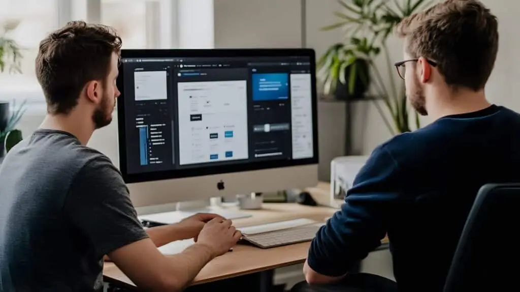Two men collaborating at a desk, examining a large iMac screen displaying a multi-panel UI design workspace.